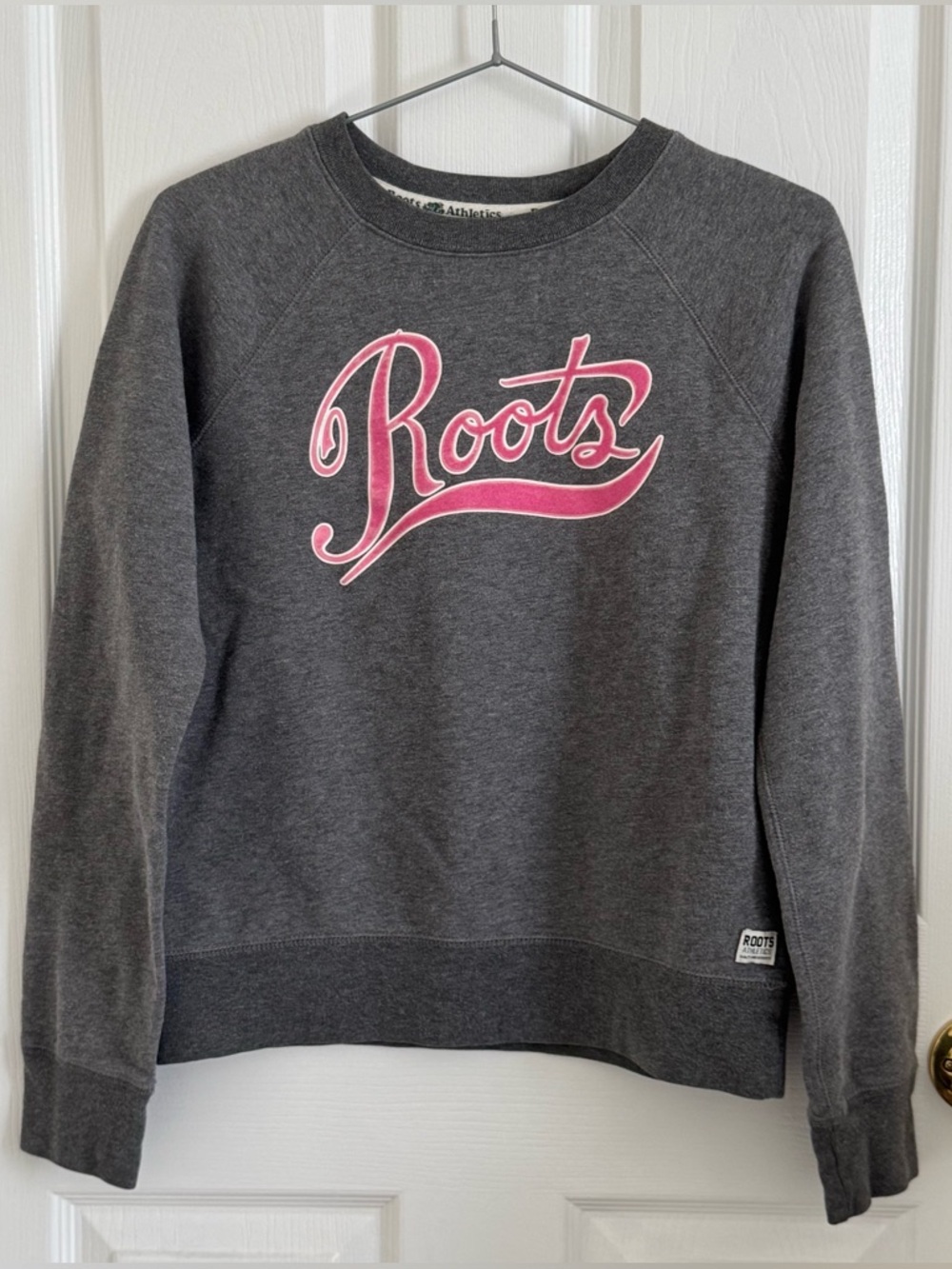 Roots Charcoal Crewneck Sweatshirt with Pink Script Logo